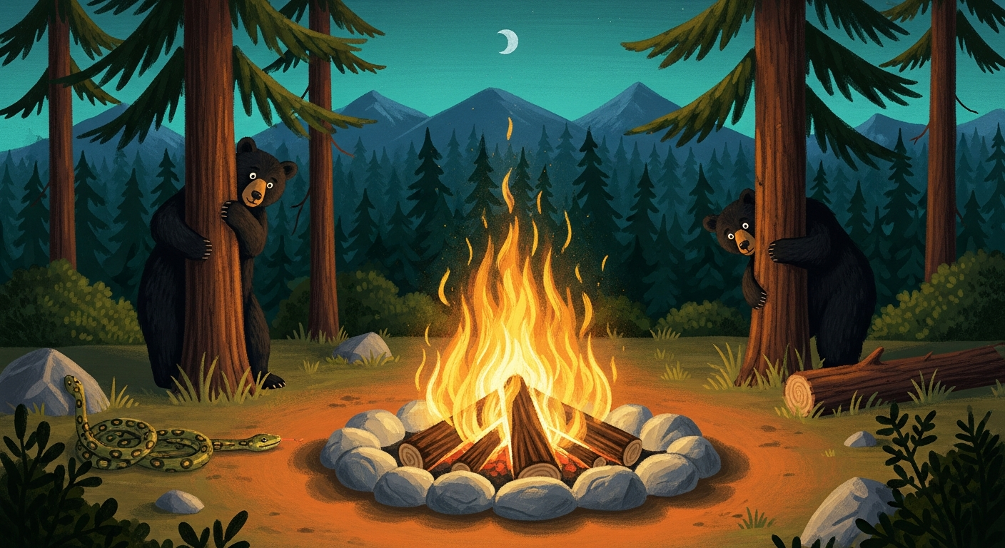 Campfire at dusk, two bears curious behind pine trees, snake coiled near firepit